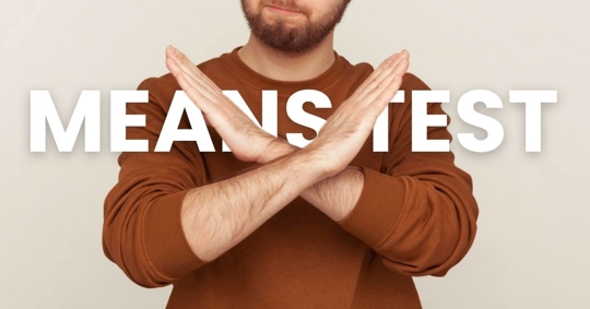 "Means Test" text behind crossed arms of a man